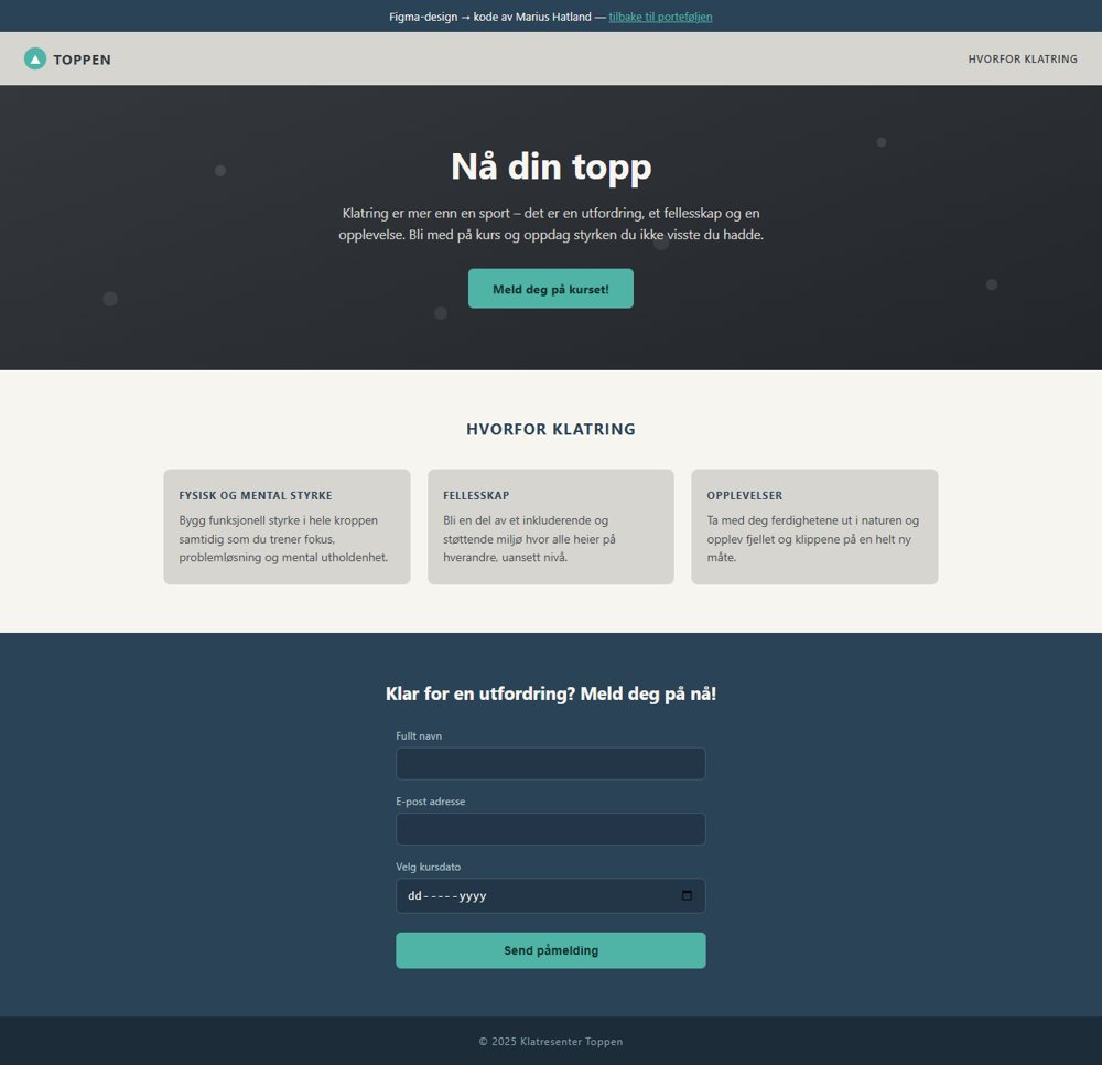 Toppen Klatresenter, kodet versjon av Figma-designet
