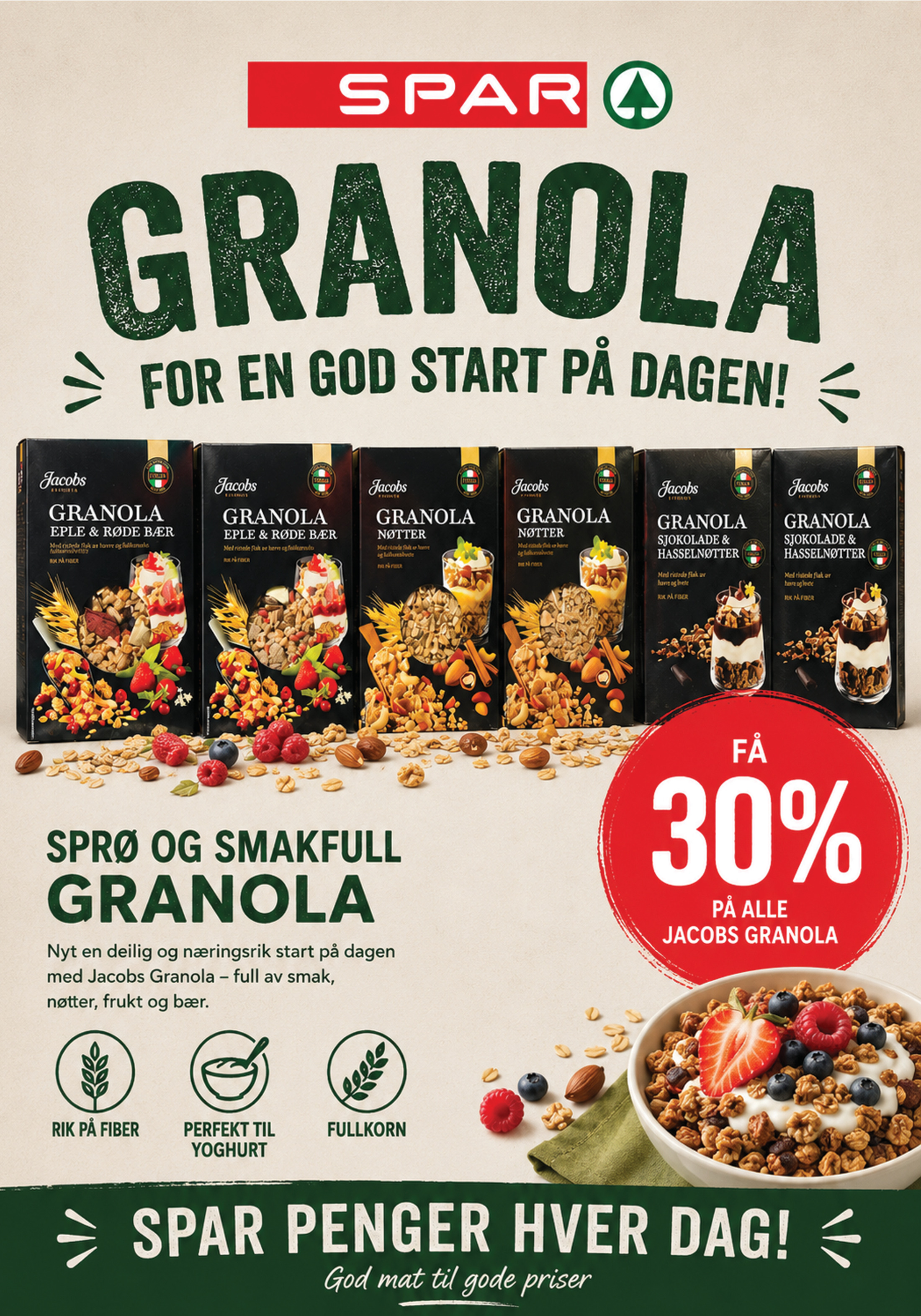 Plakat: 30% på alle Jacobs Granola hos Spar