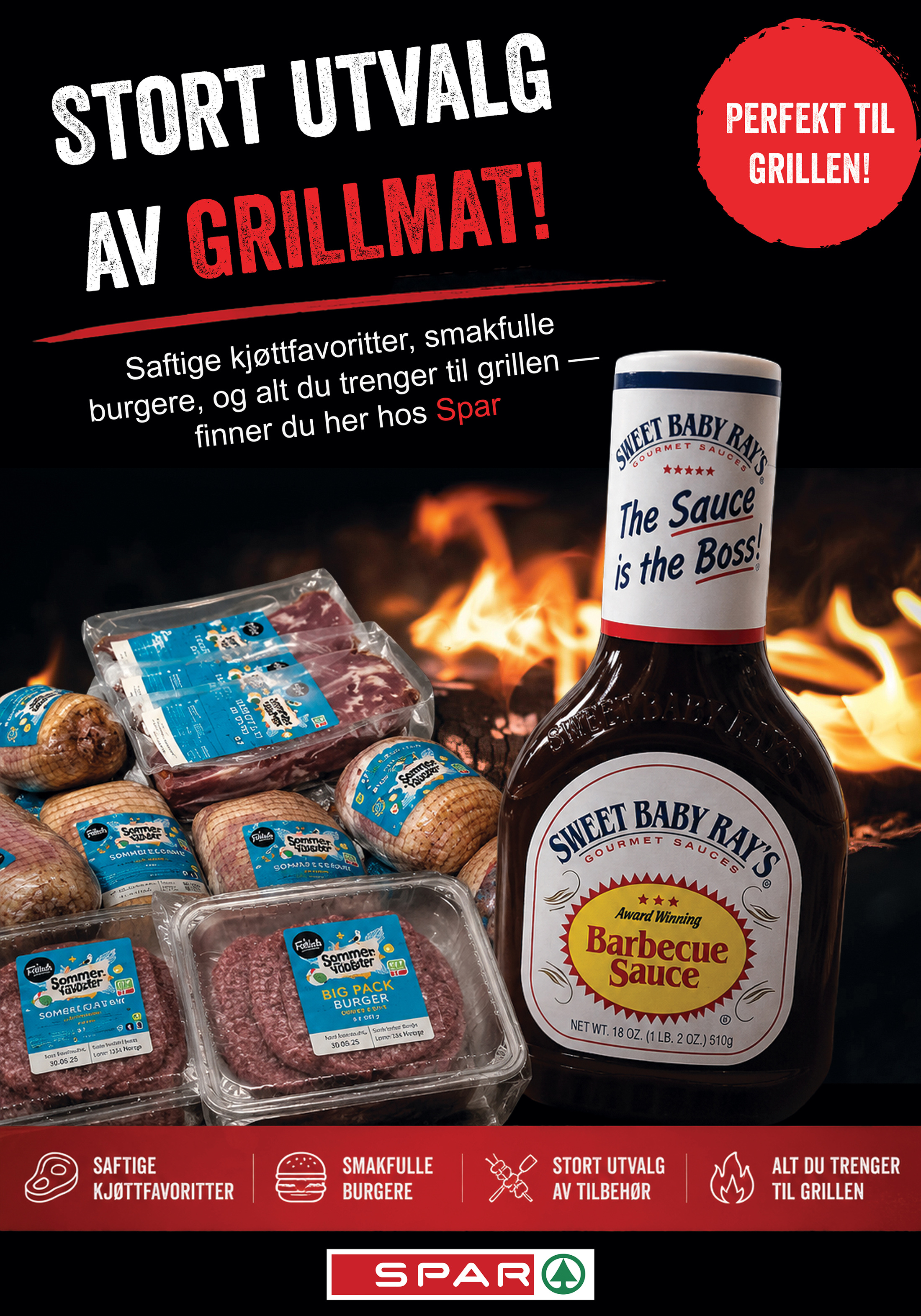 Plakat: Stort utvalg av grillmat hos Spar
